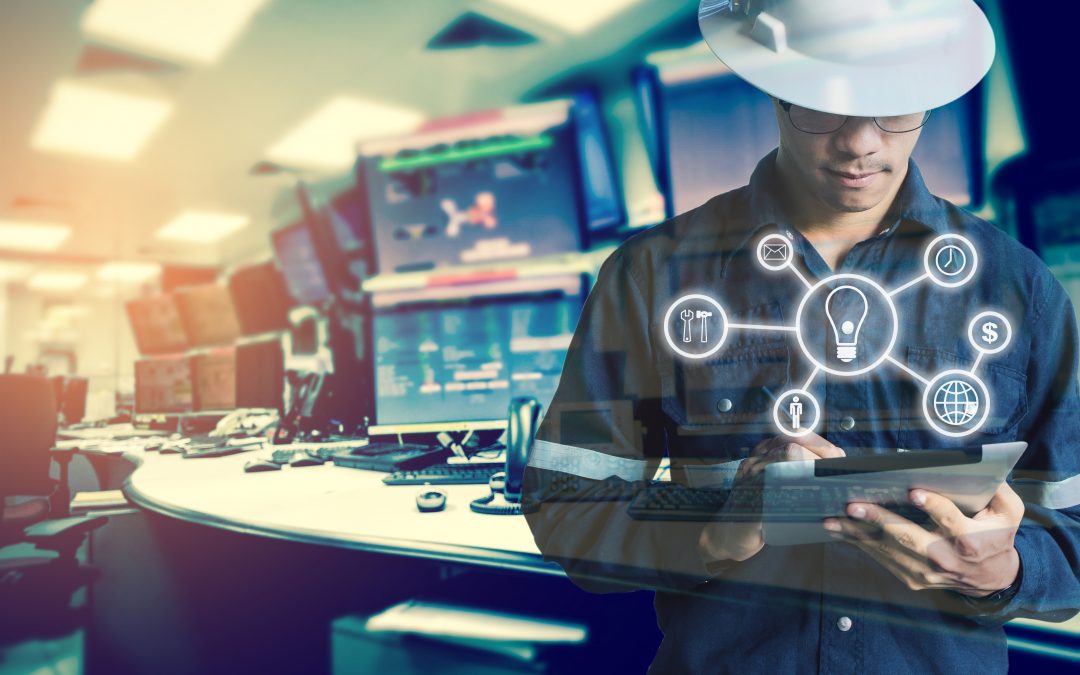 Double exposure of Engineer or Technician man with business industrial tool icons while using tablet with monitor of computers room for oil and gas industrial business concept.